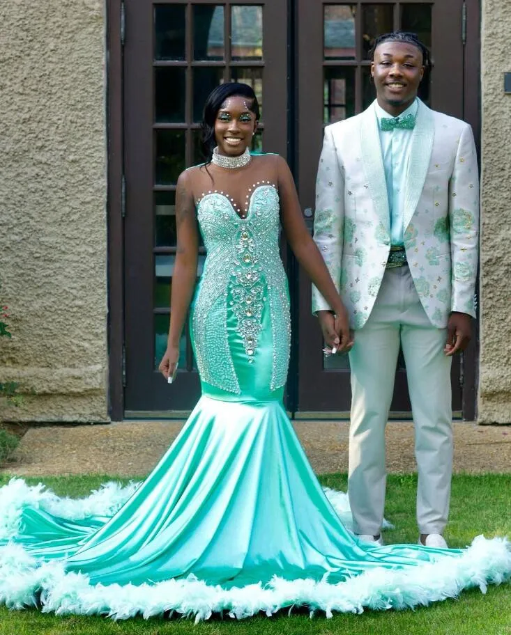 Mint Green African Long Evening Dresses for Women Luxury Crystal Diamond Feather Prom Birthday Gown vestido feminino