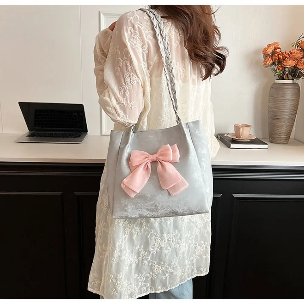 

Cute Bowknot Shoulder Bag Ballet Style Solid Color Hand Bag Braid Strap Underarm Bag Women's Handbags