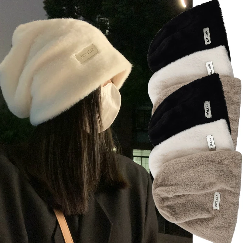 Furry Beanies Hats For Women Winter Warm Y2K Solid Baggy Knitted Skullies Hat Outdoor Coldproof Beanies Caps Female Gorros Cap