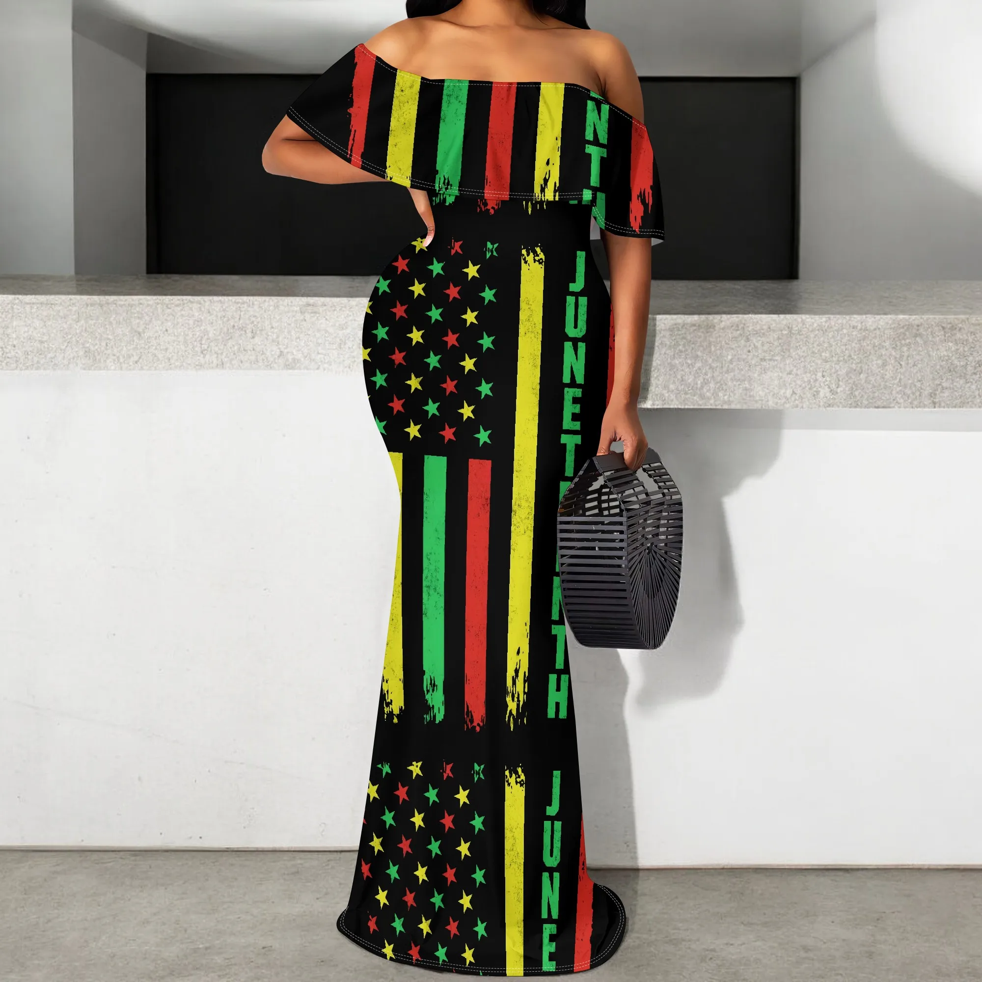 

Juneteenth Dress for Women S-3XL African Flag Bodycon Off Shoulder Maxi Dress