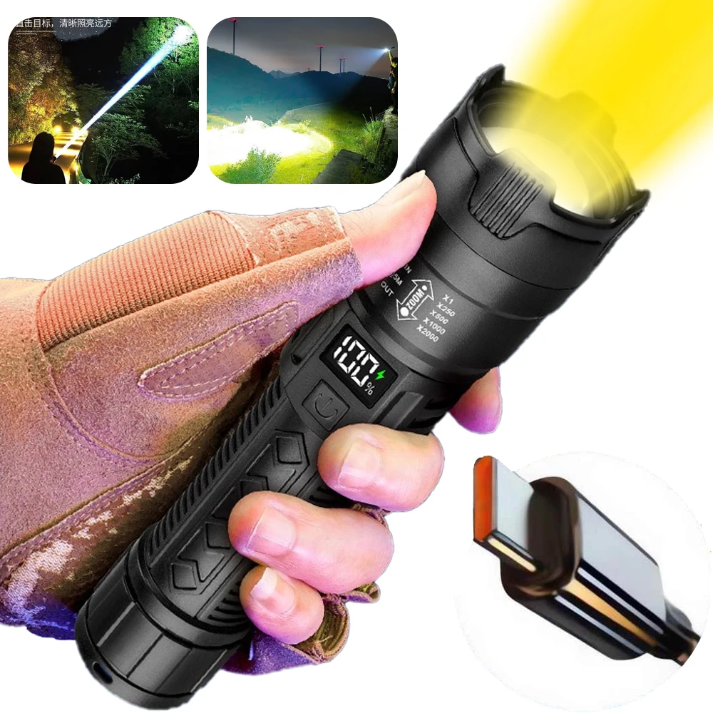 LED Ultra-bright Outdoor Emergency Lighting Digital Electric Display Telescopic Zoom Flashlight Waterproof Remote Laser Lamp