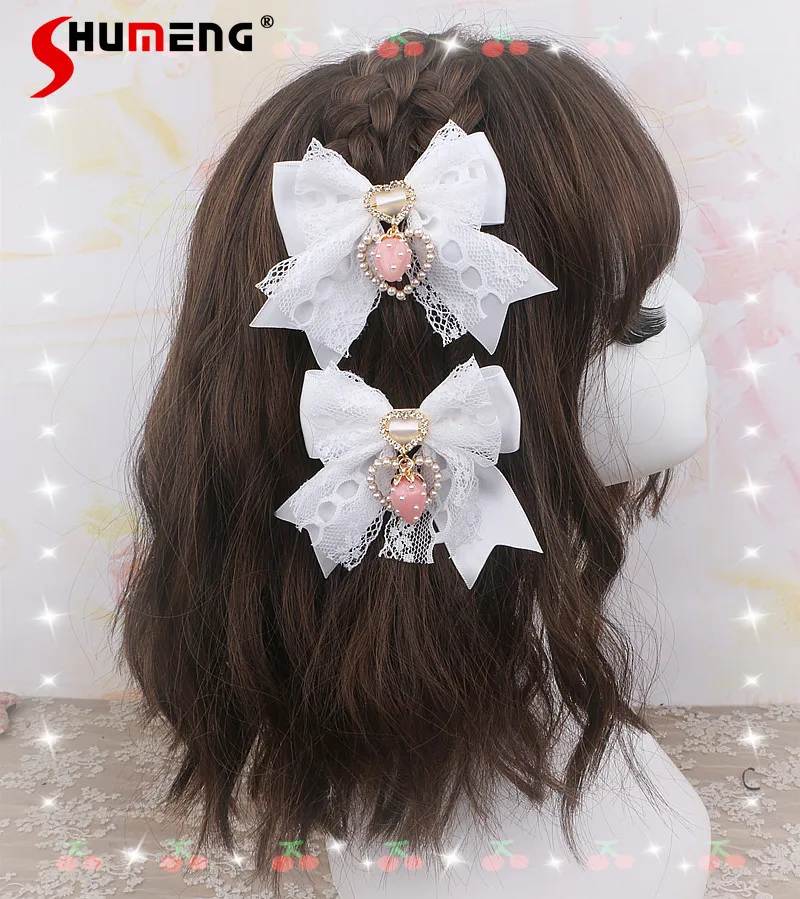 Lolita Sweet Hair Clips for Women Cute Lace Edge Handmade Original Kawaii Strawberry Love Pearl Pendant Bow Barrettes Accesorios