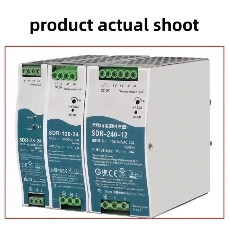 SDR-240-24 Rail Power Supply 24V 10A 240W Switch Mode PSU AC/DC 12V 48V 5A 20A 75W 480W DIN Rail for Industry