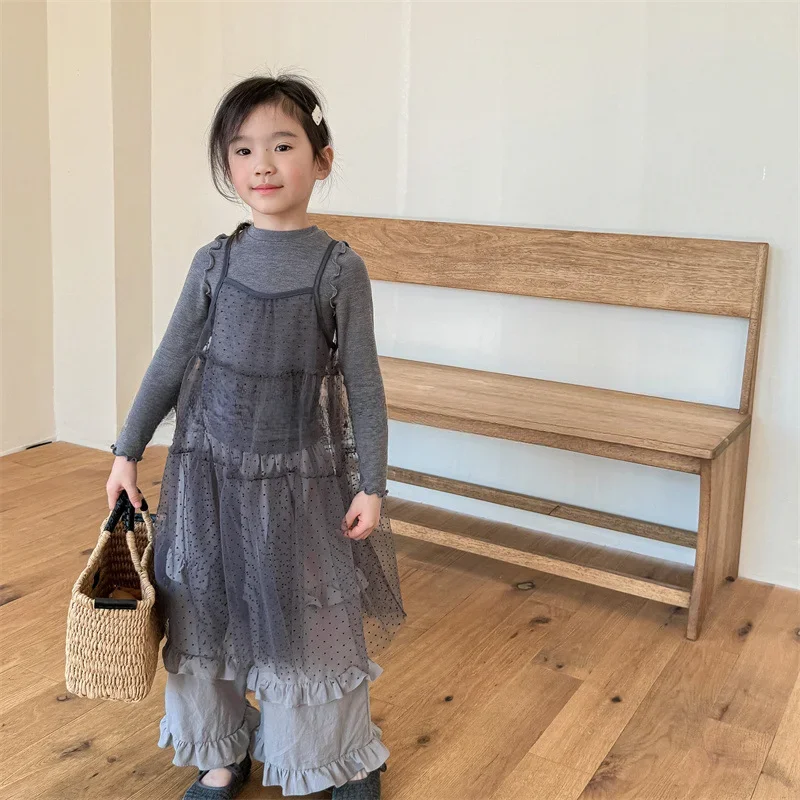 

2024 Baby Girls' Autumn Clothing Sets Korean Version Girls' Transparent Gauze Sling Dress+long Sleeved Base Shirt Baby Clothes