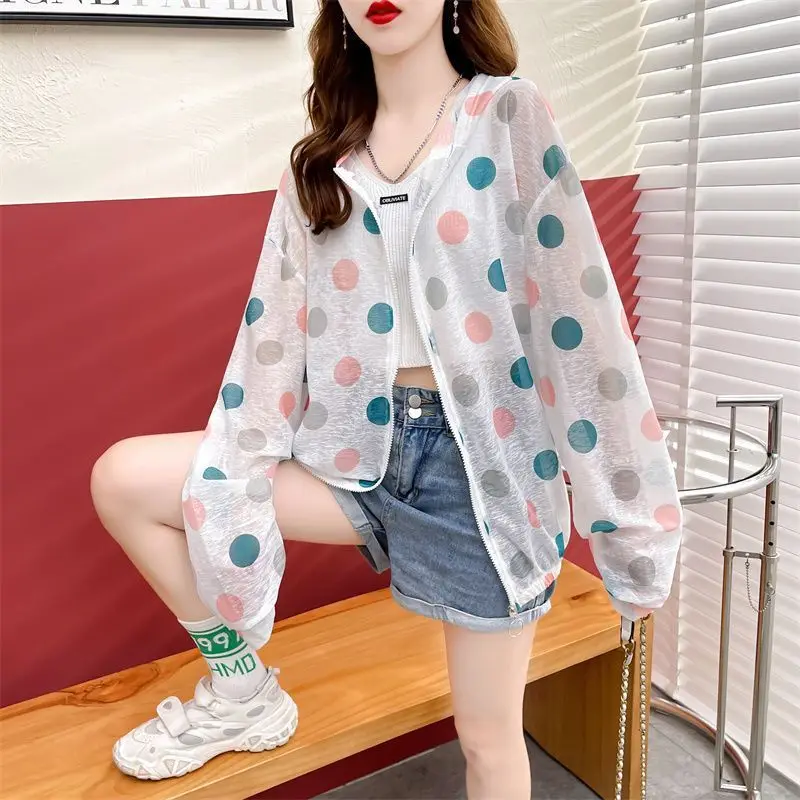 Hot Summer Women's Loose Thin Hoodies Sun Protection Transparent Clothes Polka Dot Zipper Sweatshirt Beach Quick-Dry Outwear