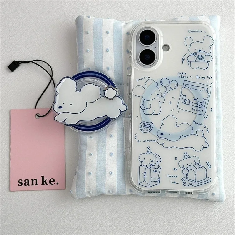 حافظة هاتف كلب صغير بخط أزرق مغناطيسي مع قلادة كلب صغير وحامل مغناطيسي لهاتف iPhone11 12 13 14 15 16 17 Pro Max