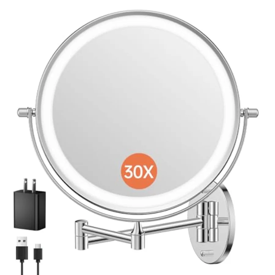 

5000mAh Rechargeable Wall Mounted Makeup Mirror with Lights 9" Double Sided 1X/30X Magnifying Mirror with Dimmable 3 Color Ligh