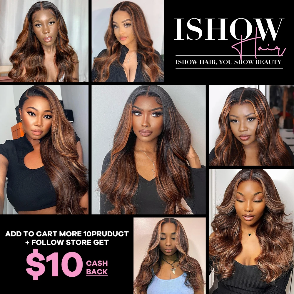Ishow 1B 4 30 حزم مع أمامي أومبير تسليط الضوء على موجة الجسم مع 13x4 الدانتيل الشفاف أمامي البرازيلي شعر بشري لعذراء #6