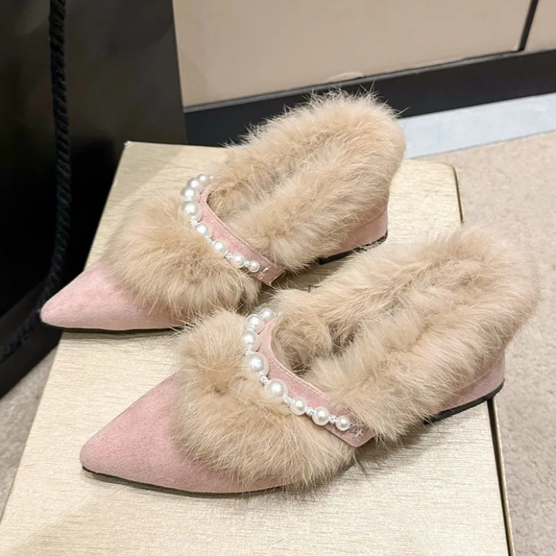 

Beaded Women Heeled Pointed Toe Shoes Designer Elegant Fashion Plush Pumps 2025 Dress Suede Cozy Loafers Shoes Party Zapatillas