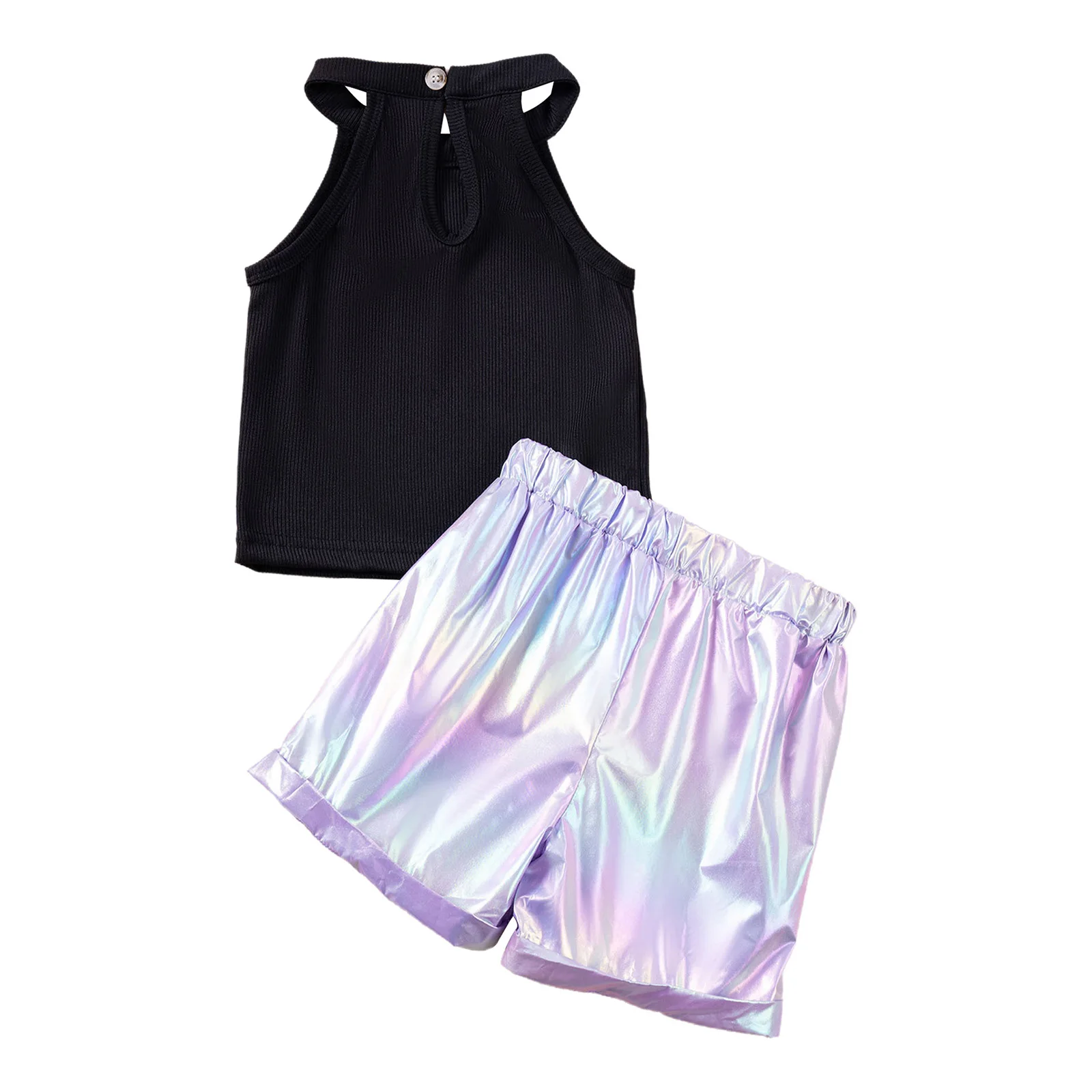 

Kids Girls Halter Neck Ribbed Crop Top Matching Metallic Shorts Fashion Suit for Hip Hop Dance Beach Travel Holiday Party Wear