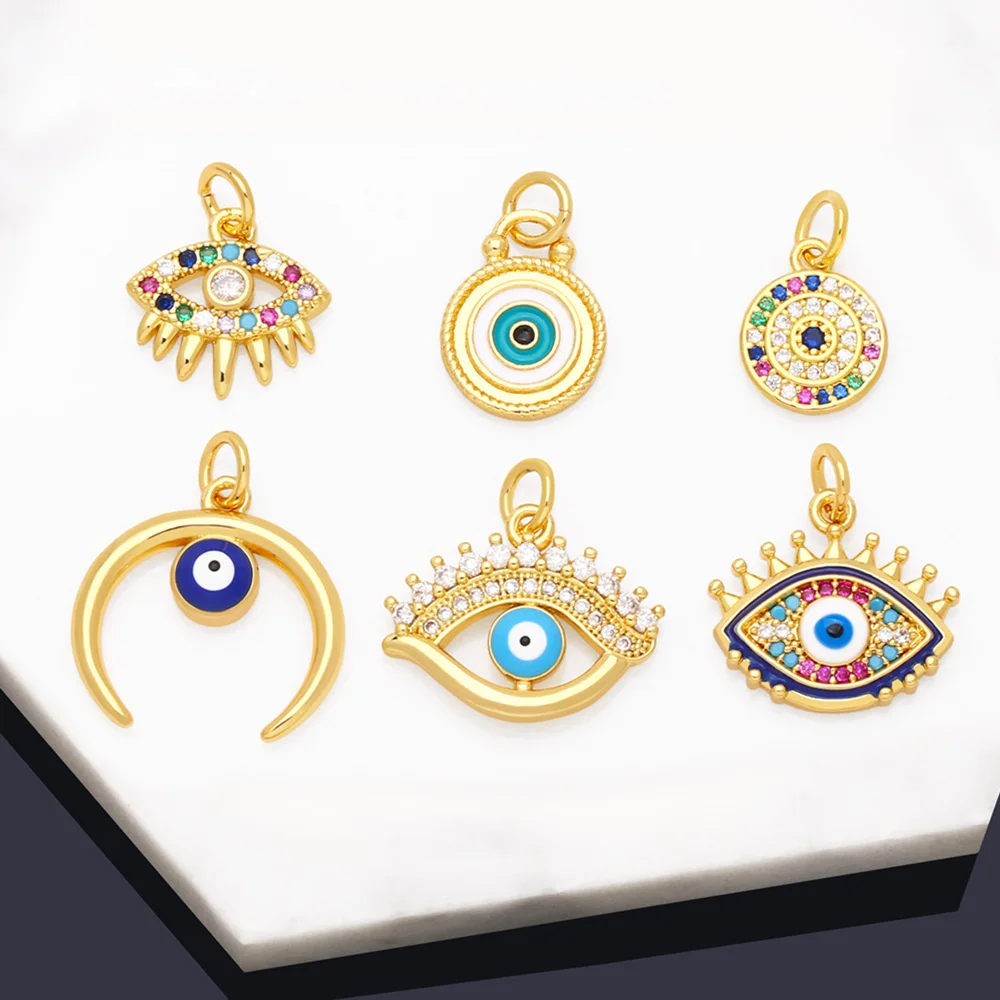 OCESRIO Multicolor Little Turkish Eye Bracelet Earring Charm Copper Gold Plated CZ Evil Eye Jewelry Making Supplies chma180