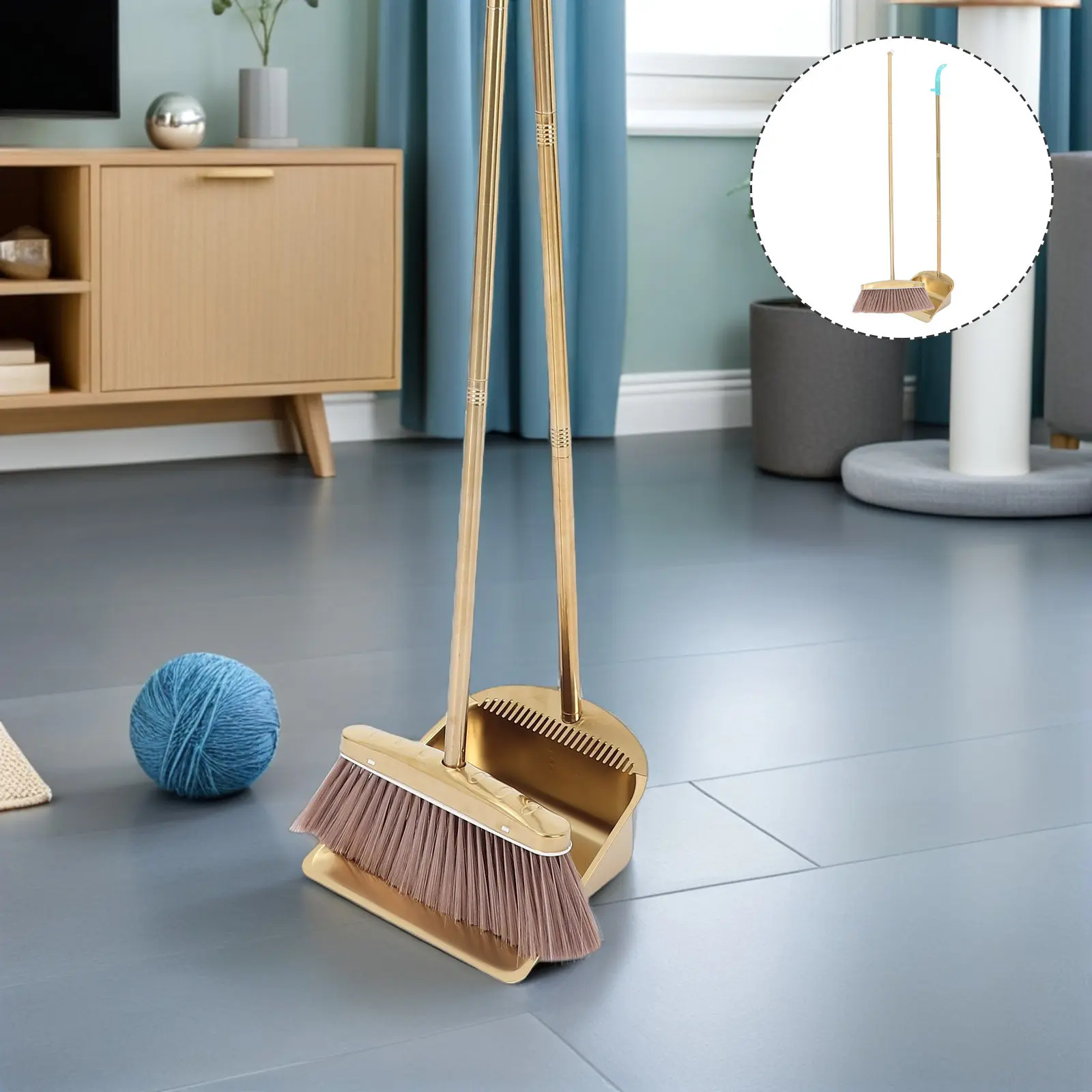 1 Set Gold Broom And Dustpan Set Heavy Duty Upright Standing Metal Dust Pan With Comb Teeth Long Handle Broom For Kitchen Sweep