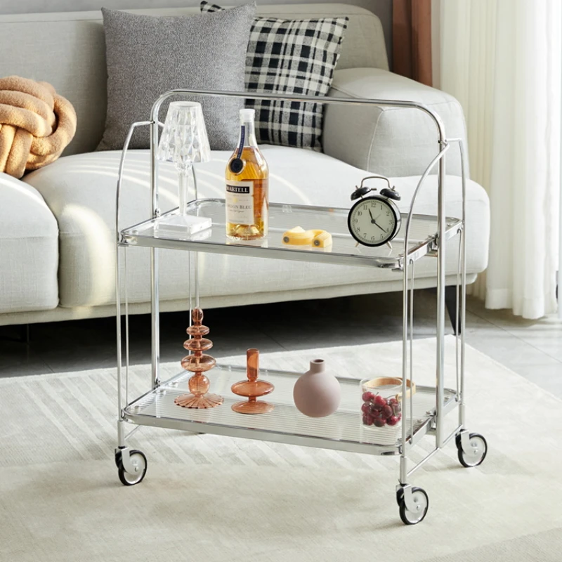 Transparent Glass Dining Car Trolley Home Kitchen Bar Wheel Table Foldable Side Table Living Room Bedroom Mobile Shelf