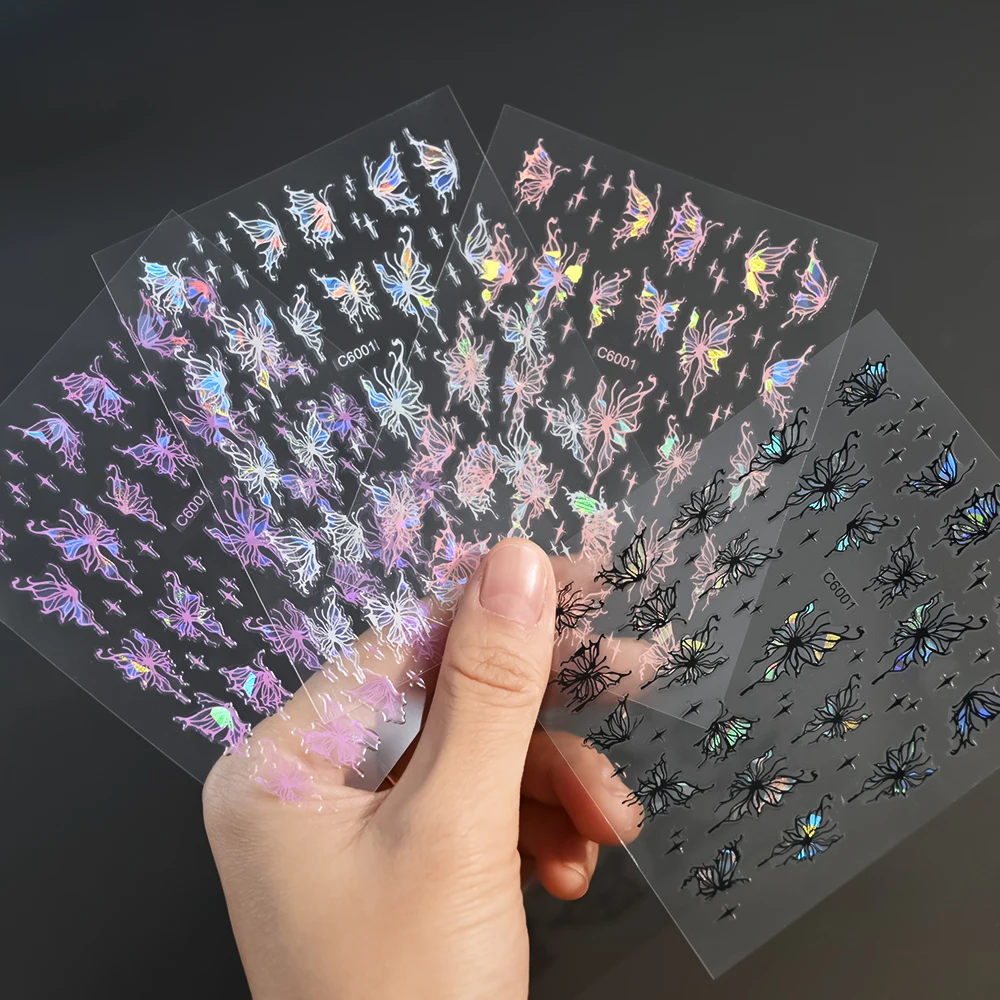 Pink Glitter Butterfly Nails Stickers 3D Laser Holographic Shiny Fairy Fluidic Butterfies Decals DIY Manicure Decorations Slider
