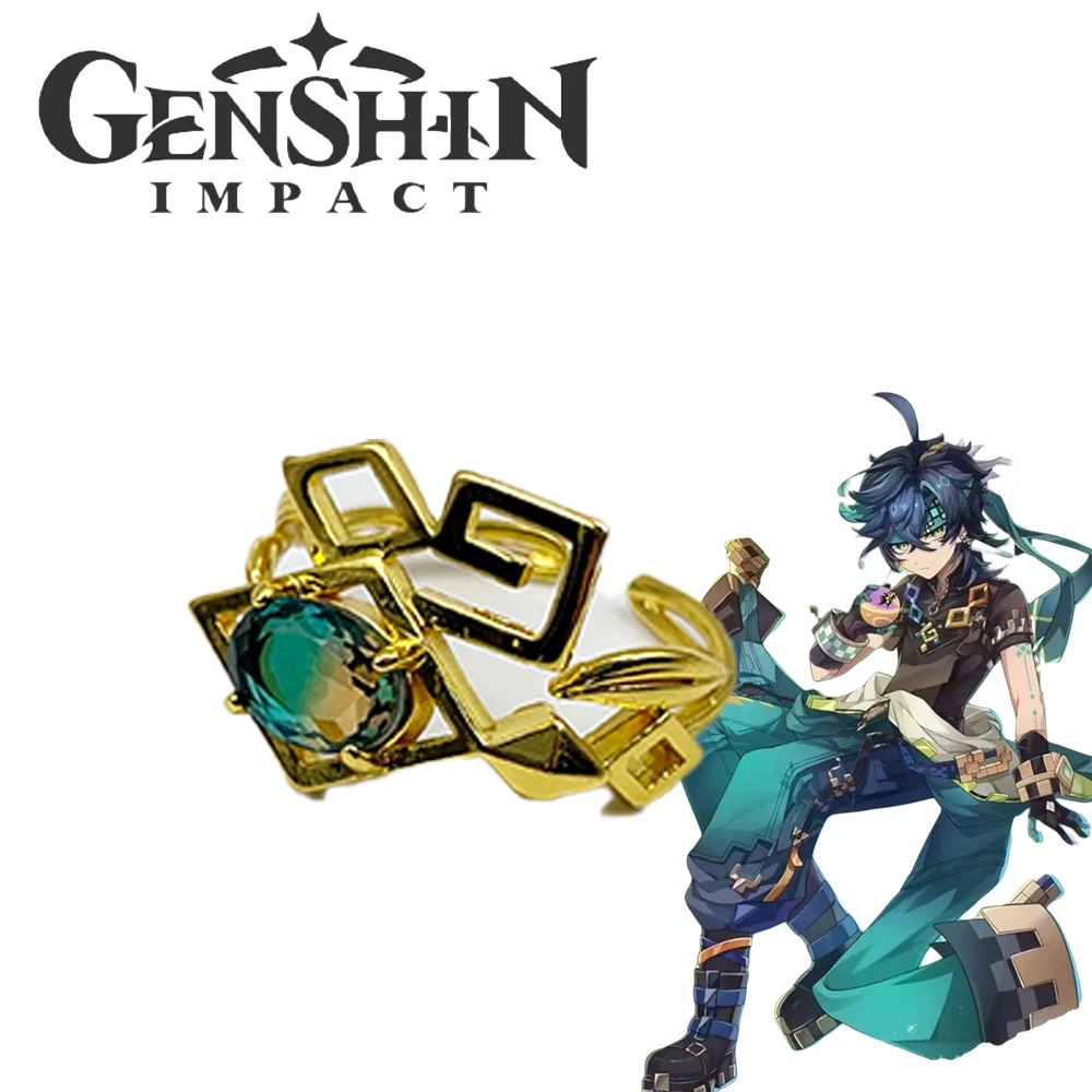 Game Genshin Impact Kinich Cosplay Ring Unisex Green Zircon Rings Opening Adjustable Fashion Jewelry Accessories Party Props