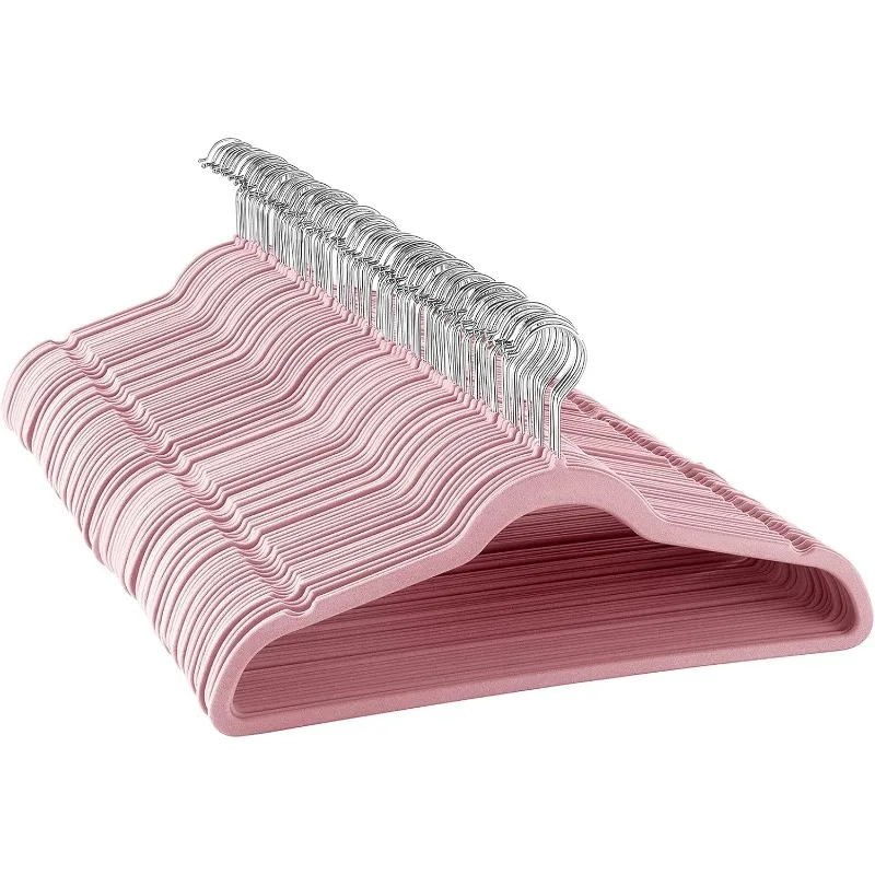 

100 Piece Set of Velvet Slim Profile Heavy Duty Felt Hangers with Stainless Steel Swivel Hooks in Pink