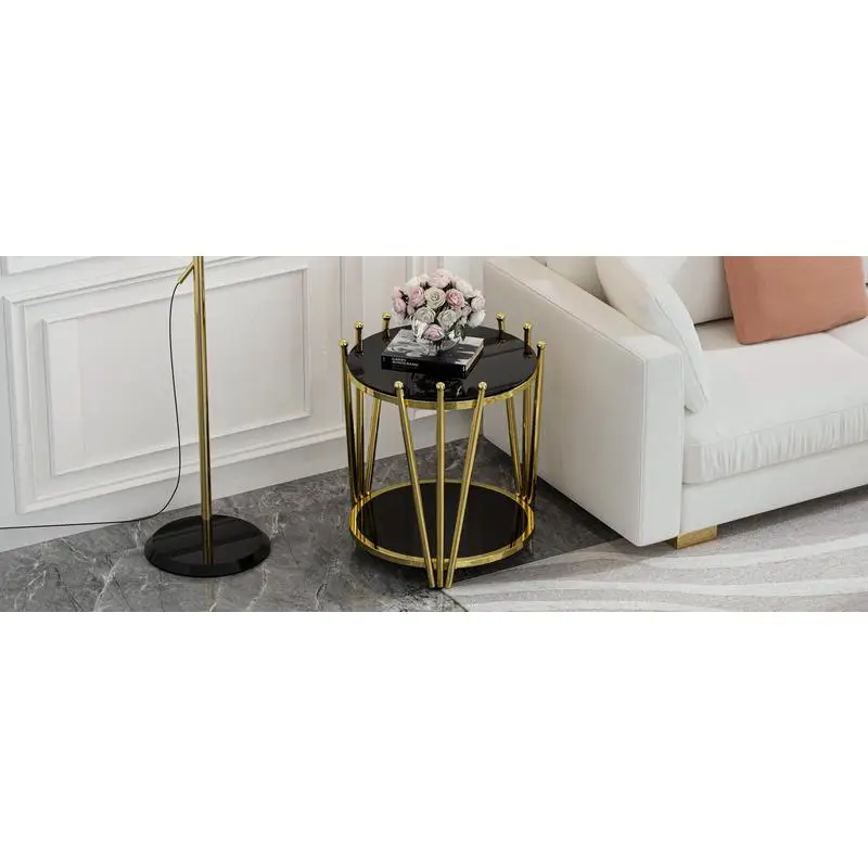 طاولة ذهبية فاخرة حديثة مقاس 19.69 بوصة، تصميم تاج من الفولاذ المقاوم للصدأ، طاولة جانبية مستديرة من الزجاج المقسى باللون الأسود لغرفة المعيشة