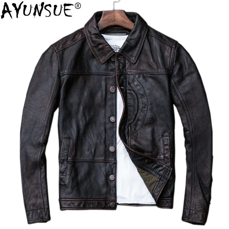 

Real Cowhide Genuine Jacket Leather Men Short Vintage Autumn Cow Leather Jackets and Coats Motorcycle Veste Cuir Homme KJ2297