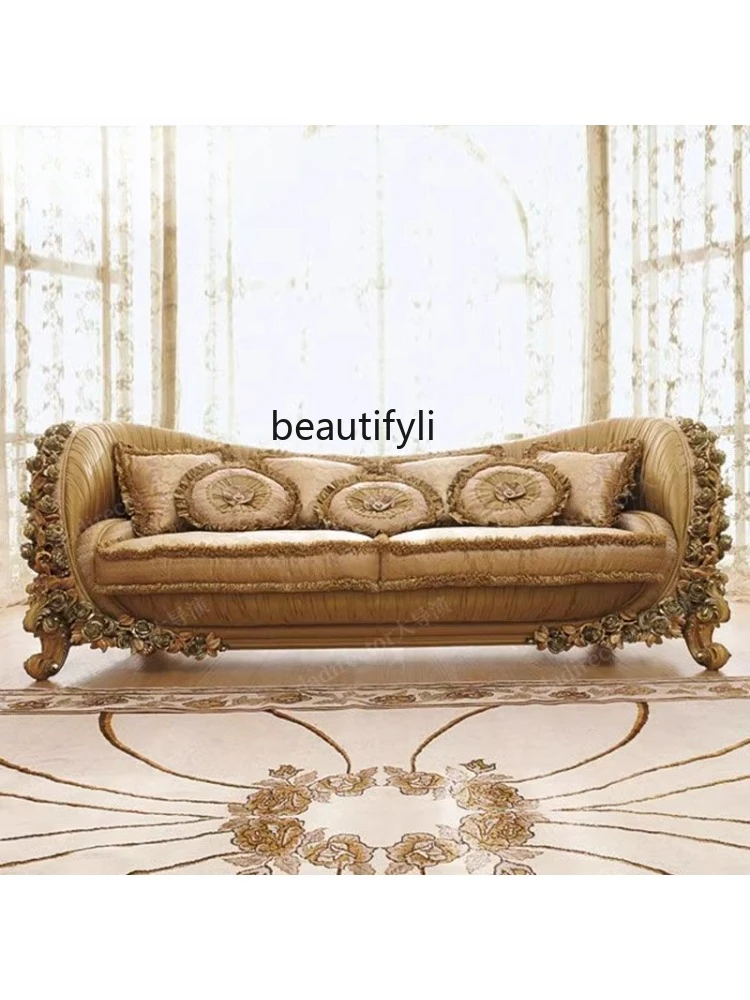 European-Style Fabric Sofa Combination French Court Solid Wood Rose Carved Luxury Villa Living Room Custom Furniture