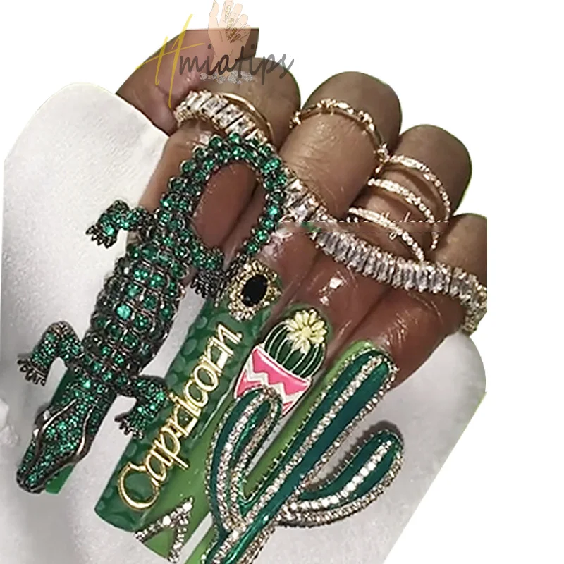 Big Horse Shape Nail Charms Green Crystal Crocodile Punk Style for DIY Jewelry Manicure Nail Art Decorations Accessories