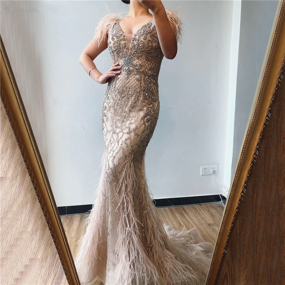 Elegant Feathers Mermaid Evening Dresses Women 2024 Luxury Dubai Beading Crystal V Neck Formal Party Prom Gowns Vestidos De Gala