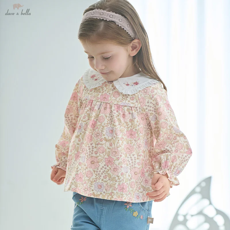 Dave Bella Children's Floral Shirt 2025 Spring Sweet Cute Girls Baby Cotton Blouse Comfortable Kids Casual Top Gentle DB1252375