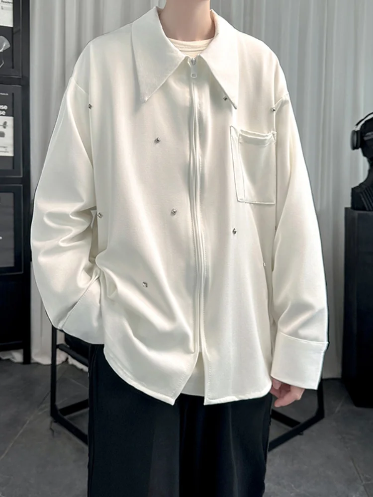 

Men's Casual Metal Rivet Shirt Stylish Loose Fit Zipper Closure Long Sleeve Fashionable Youthful Trendy American Retro Style