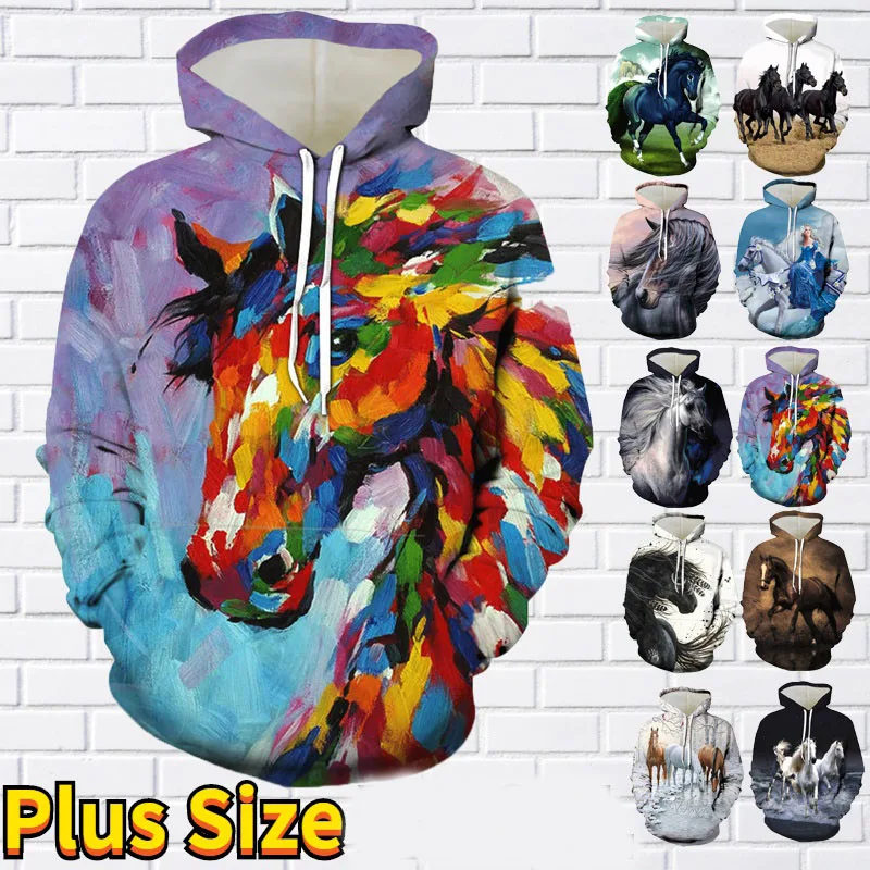 Fashion Men's Hoodies Color Painting Horse Animal 3D Print Couple Hoodie Men Women Oversized Sweatshirt Unisex Pullover Clothing