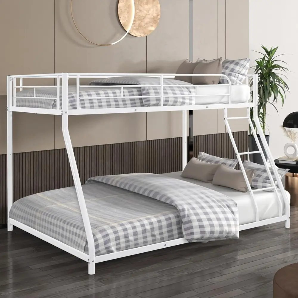 White Twin Over Full Bunk Bed with Ladder and Full Guardrail, No Box Spring Needed, Quiet Design
