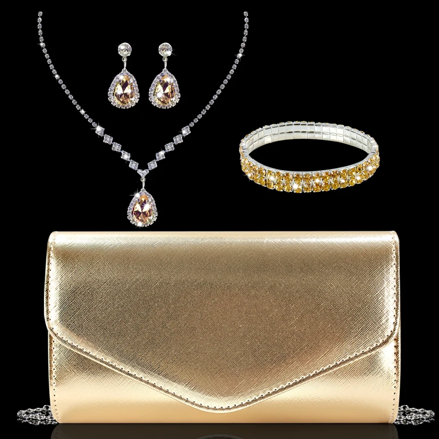 

Романтическая и стильная женская вечерняя сумка с крестообразным узором в сочетании с изысканным колье, серьгами и браслетом из стразов.