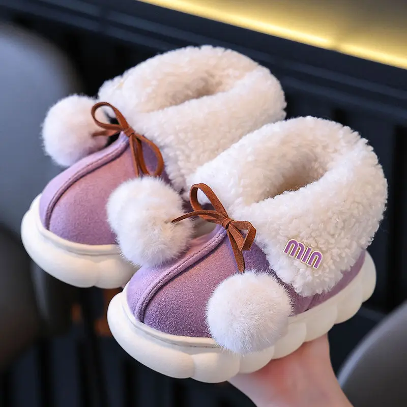 Kids'Snow Boots PU Leather Plush Fashion Winter Flat Boots For Children Anti-slip Warm Designer Purple Pink Shoes Size 22-35
