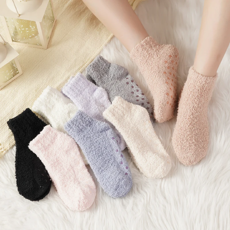 New Style Glue Dot Socks Children Autumn And Winter Coral Fleece Warm Non-Slip Soft Skin-Friendly Solid Color Mid-Tube Socks