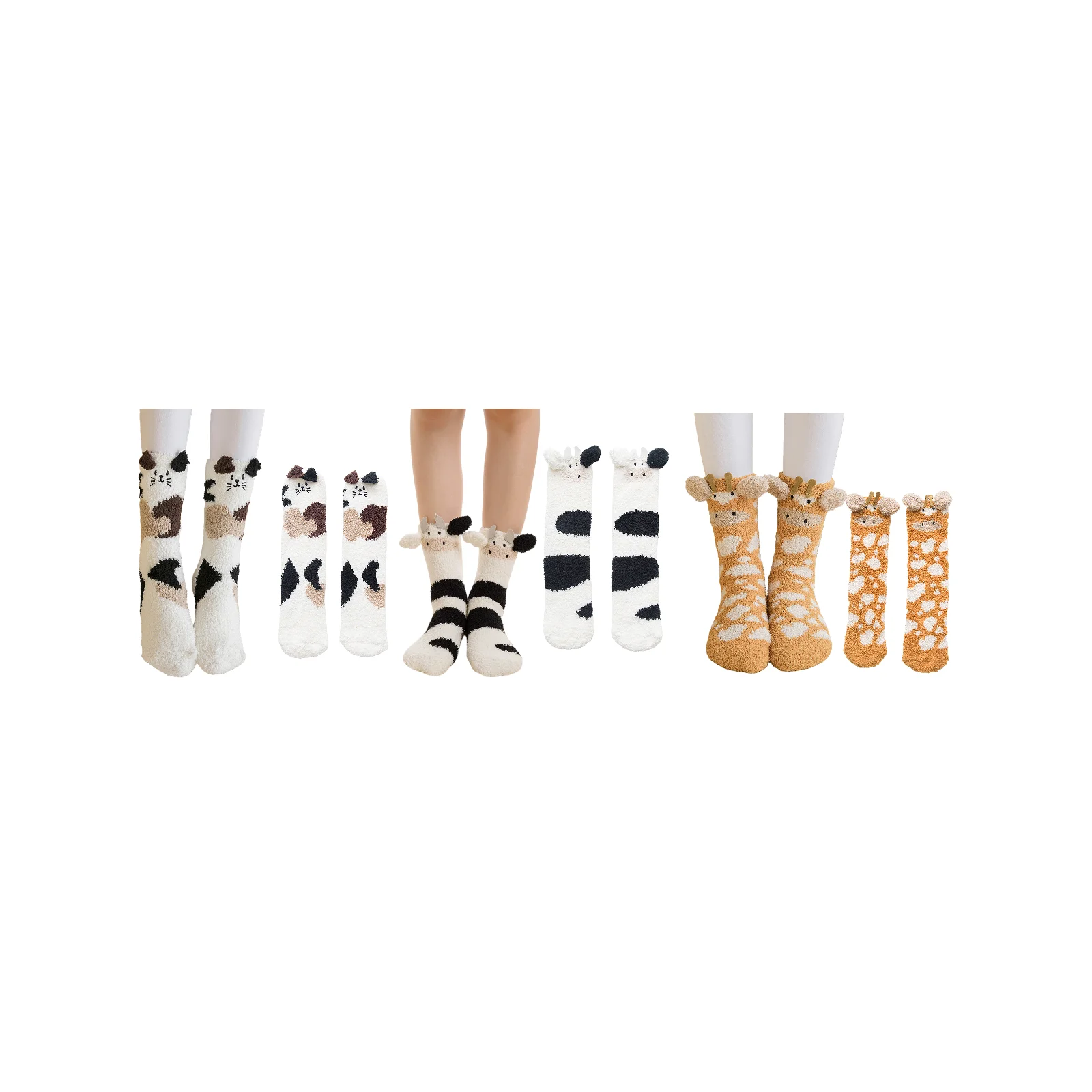 

Adult coral velvet socks three-piece set: colorful kitten + black and white cow + orange giraffe