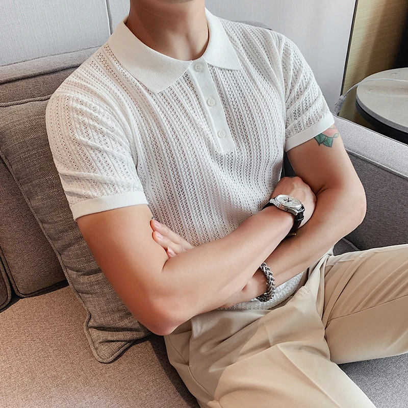 

Мужской летний тонкий вязаный свитер с отложным воротником из ледяного шелка, с вырезами, повседневный, модный, приталенный