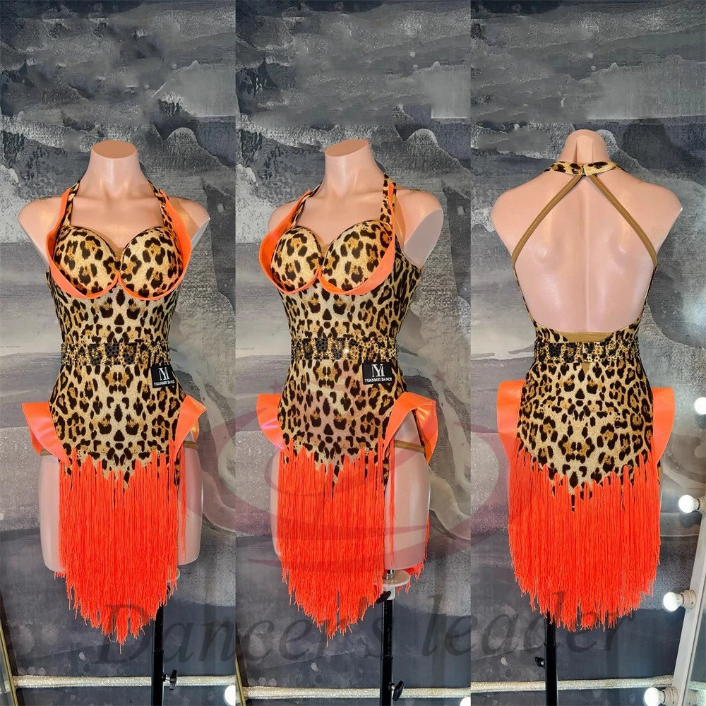 

Профессиональное платье для латиноамериканских танцев (ча-ча, самба) с леопардовым принтом, пэчворком и бахромой, на заказ, для взрослых и детей