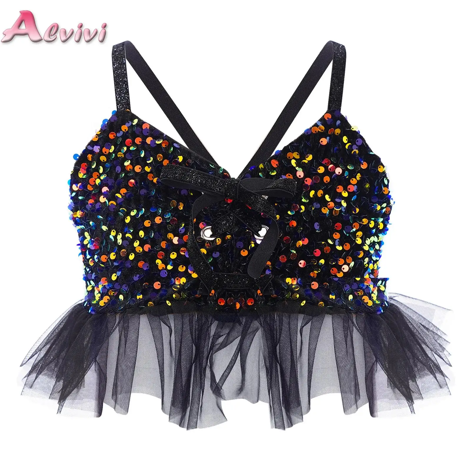 

Kids Girls Jazz Dance Performance Costume Sparkling Sequins Velvet Crop Top Spaghetti Straps Tulle Ruffles Camisole Tank Top Y2K