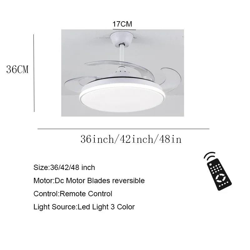 Imagem -02 - Ventiladores de Teto Led com Luz Controle Remoto Motor dc 36 Polegadas 42 Polegadas 48 Polegadas Refrigeração no Verão e Inverno Iluminação 110v 220v Cores