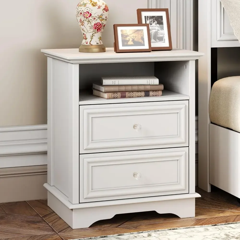 

White armhouse Nightstand with Hidden Der, 2 Der Wood Nightstand with Open Shel, ern White Bede Table or Bedroom, Sturdy End Tab
