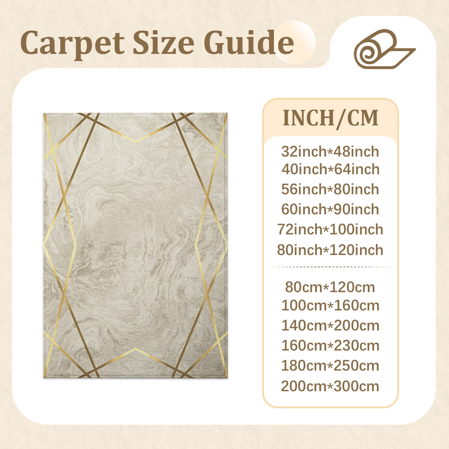 Large Indoor Area Rug, Soft Velvet Low Pile Rug with Non-Slip Dotted Backing, Machine Washable Beige Gold Geometric Marble Pattern Floor Rug for Living Room, Bedroom, Home Decor
