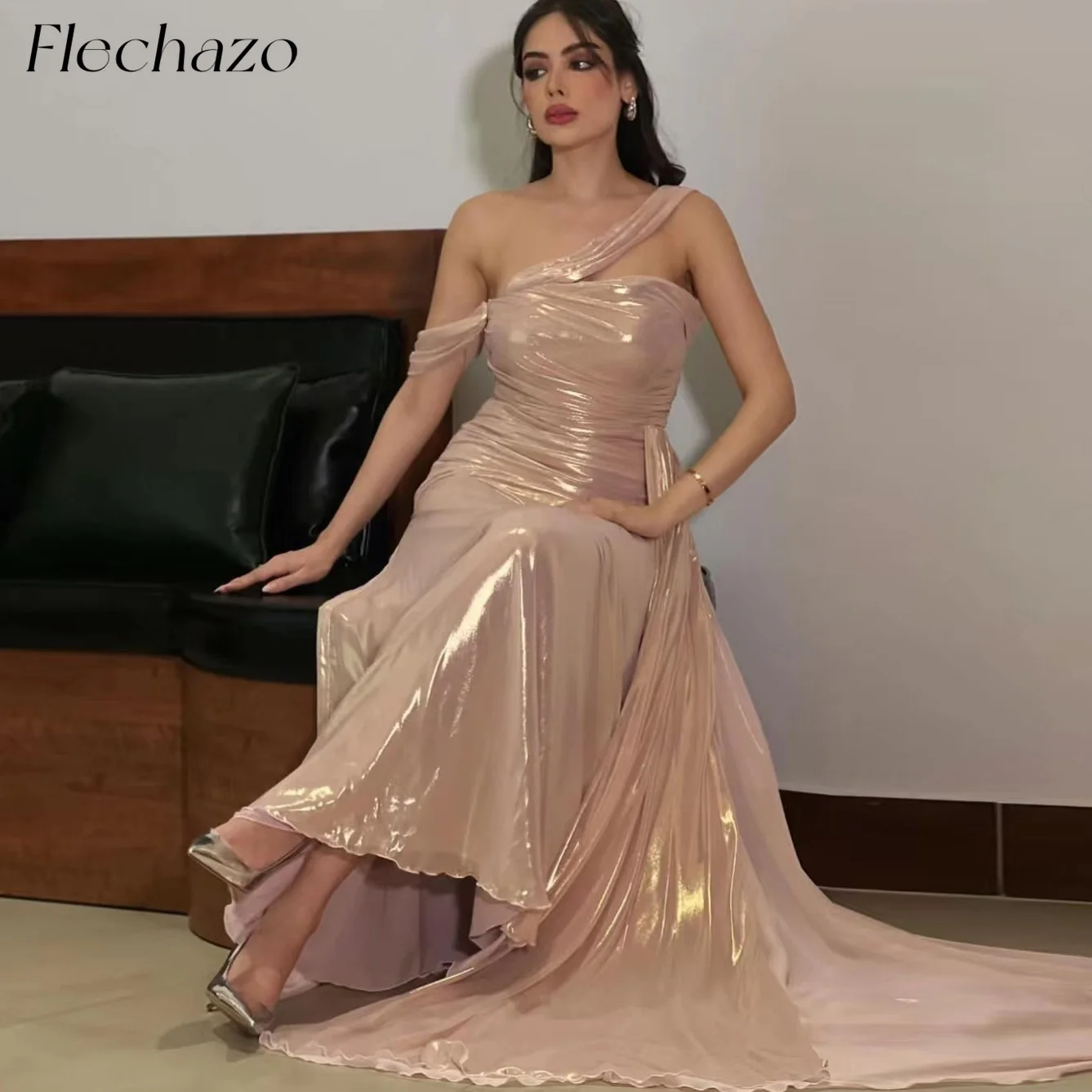 Flechazo Glossy Satin Evening Dresses One Shoulder Sleeveless Floor-length Formal Party Dress For Women 2024 فساتين السهرة