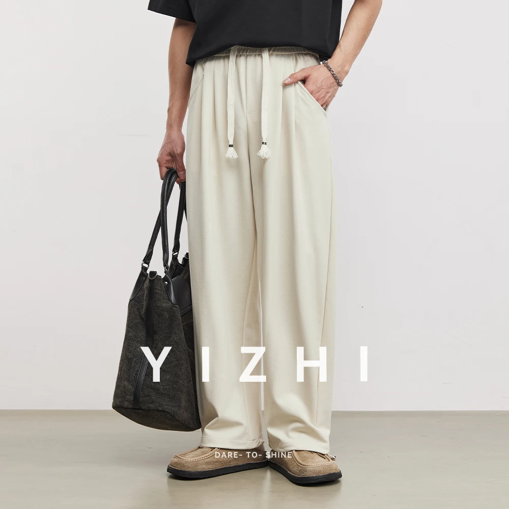 

290g Heavyweight Striped Air Layer Casual Pants For Men Summer Japanese Style Tassel Drawstring Loose Straight Wide Leg Trousers