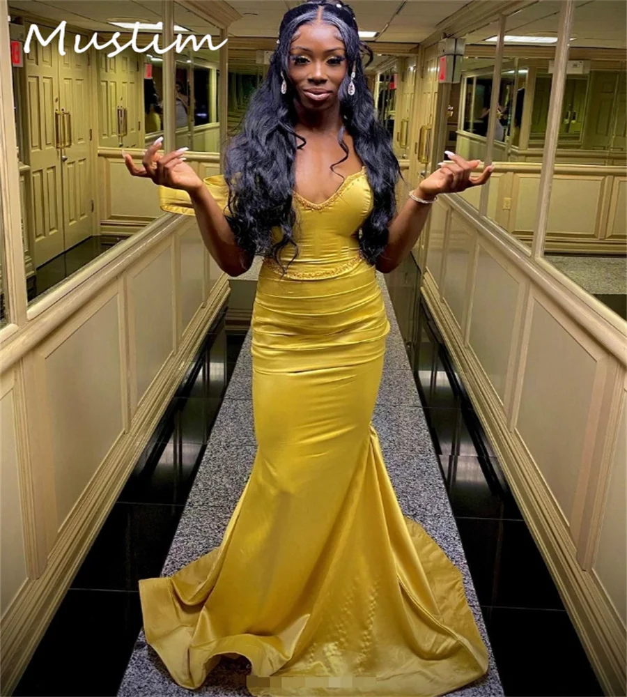 Amazing Gold Prom Dresses For Black Girls Off Shoulders Beaded Evening Dress Elegant Mermaid Formal Party Gowns Satin Customized