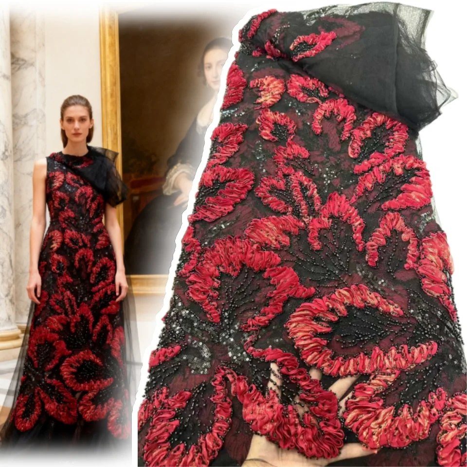 

Африканская 3D кружевная ткань ручной работы с бисером, 5 ярдов премиум-класса, французская сетка, расшитая блестками, нигерийская кружевная ткань, свадебное платье 1897