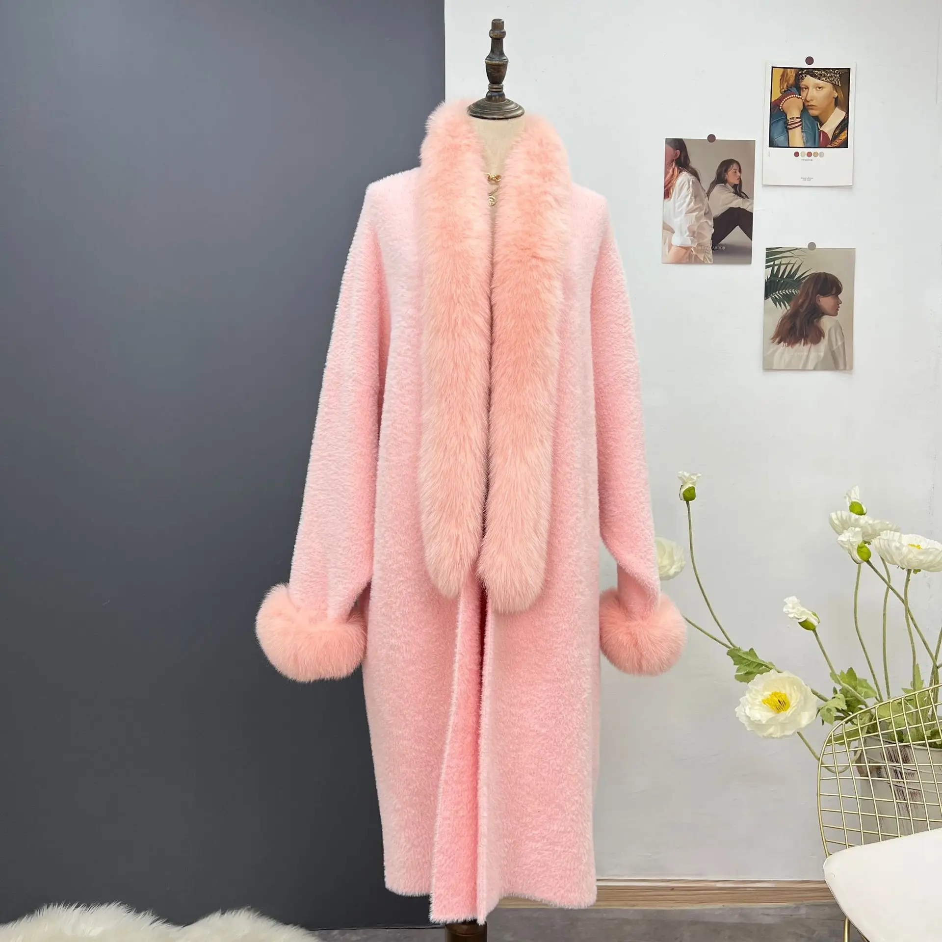 Wu Huang 2024 autumn and winter clothing real fur fur collar knitted shawl mink fur cardigan women's long silhouette fur