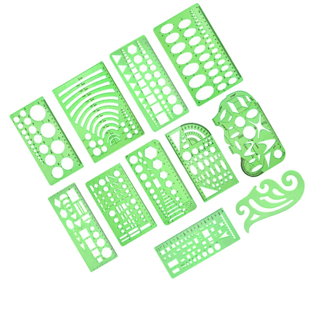 مجموعة قوالب رسم مكونة من 11 قطعة مسطرة قياس بلاستيكية خضراء للطلاب استنسل هندسي أدوات اللوازم المدرسية