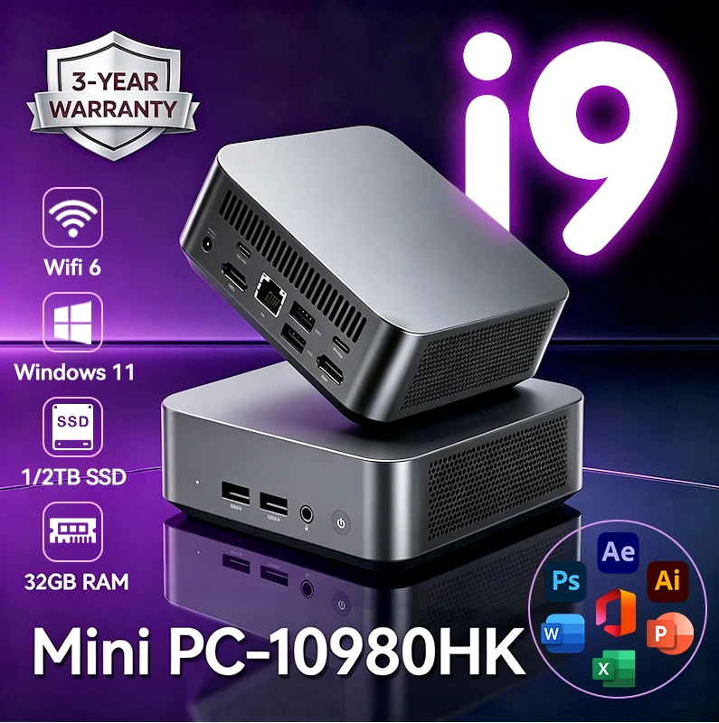 

2026 Portable Intel Core i9 10980HK Windows 11 Pro 16GB 32GB RAM 1/2TB SSD BT5.2 WiFi6 1000M HD Ethernet Gaming Office Mini PC