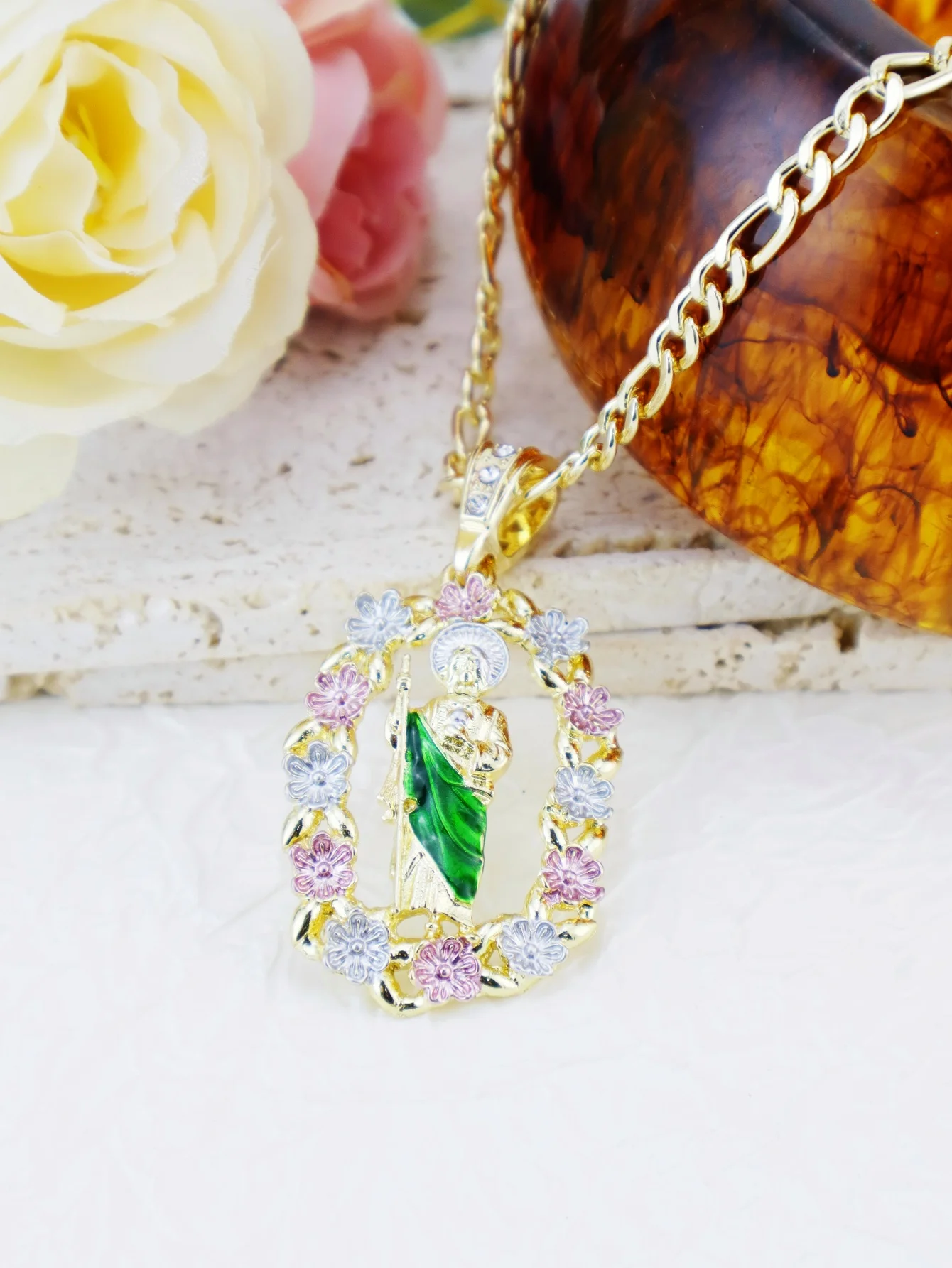 Tricolor Our Lady of Guadalupe Virgin Mary Pendant Green St. Jude Necklace Saint Jude Gold-Plated Mexican Jewelry
