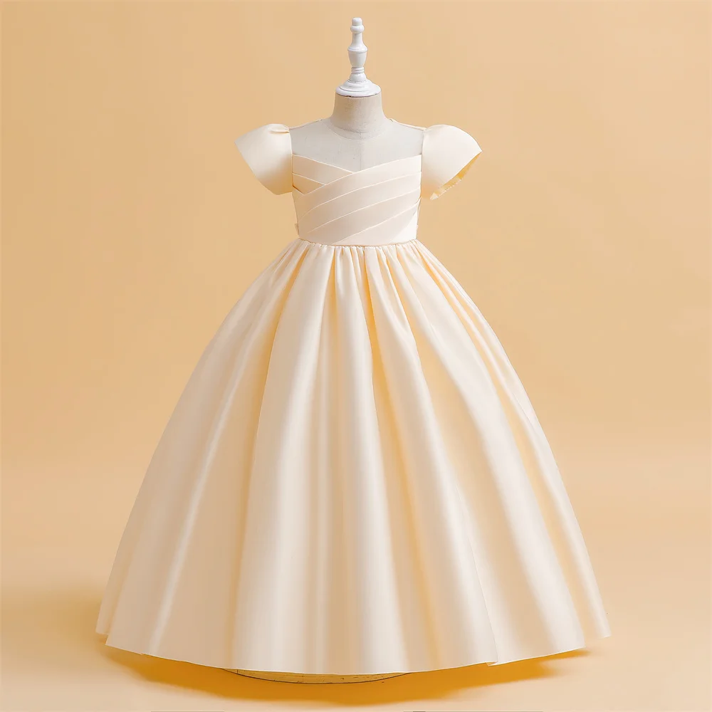 Elegant White Satin Bridesmaid Girl Party Dress Cerenony First Communion Wedding Princess Prom Kids Dress for Girl Birthday Gown