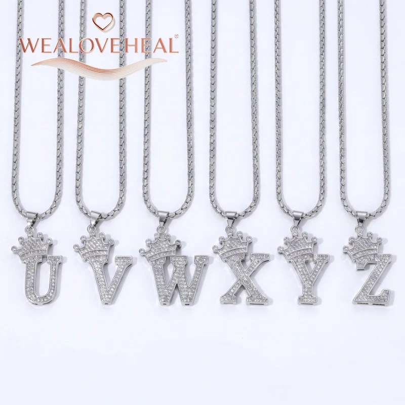 Rhodiumbeschichtete A-Z-Kronen-Initialen-Halskette, Iced Out CZ 26 Buchstaben-Anhängerkette 50 cm, personalisiertes Hip-Hop-Schmuckgeschenk für Sie und Ihn – Detail 18