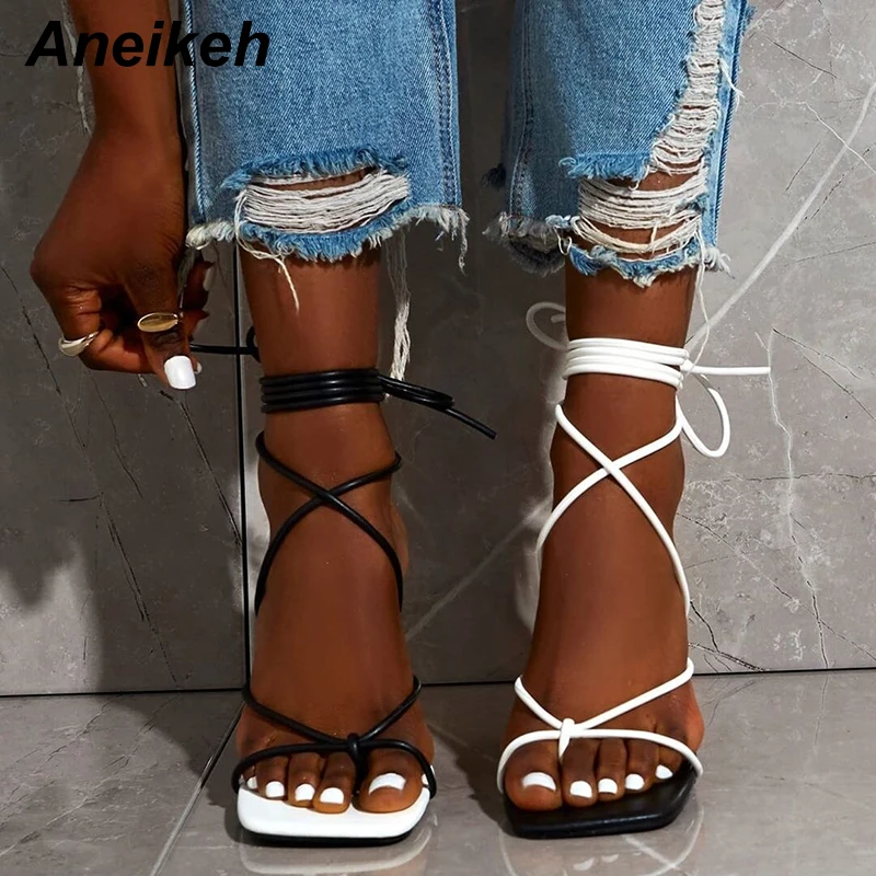 Aneikeh 2025 Fashion Sexy Lace Up Women Sandals Square Toe 9CM Thin Heel Cross Tied Party Shoes High Heel Black White Size 35-42